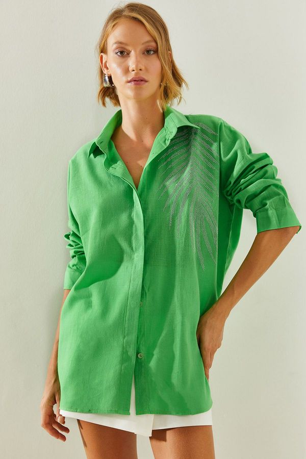 Bianco Lucci Bianco Lucci Women's Shoulder Stone Detail Oversize Shirt 5906