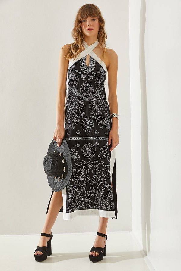 Bianco Lucci Bianco Lucci Women's Slit Embroidered Neck Detailed Dress