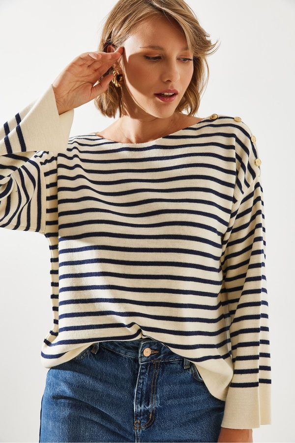 Bianco Lucci Bianco Lucci Women's Striped Shoulder Buttoned Sweater