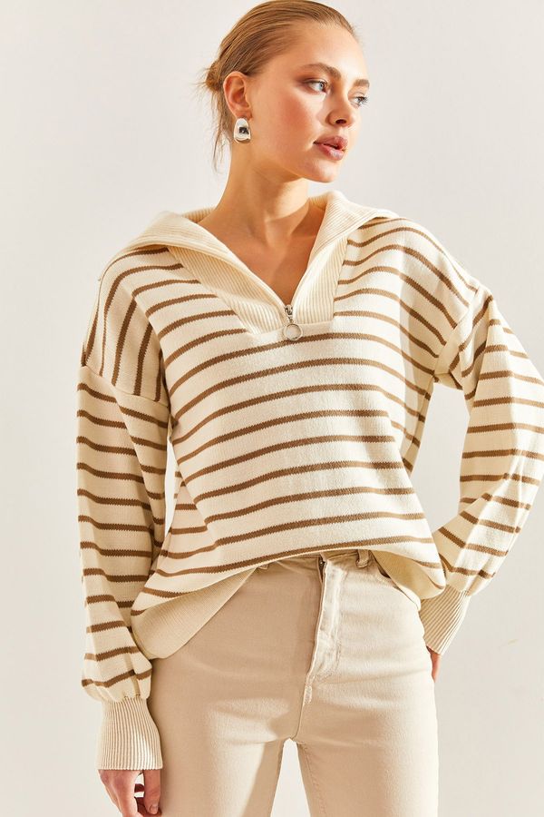 Bianco Lucci Bianco Lucci Women's Striped Zipper Knitwear Sweater
