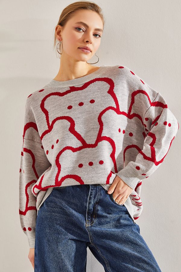 Bianco Lucci Bianco Lucci Women's Teddy Bear Patterned Knitwear Oversize Sweater