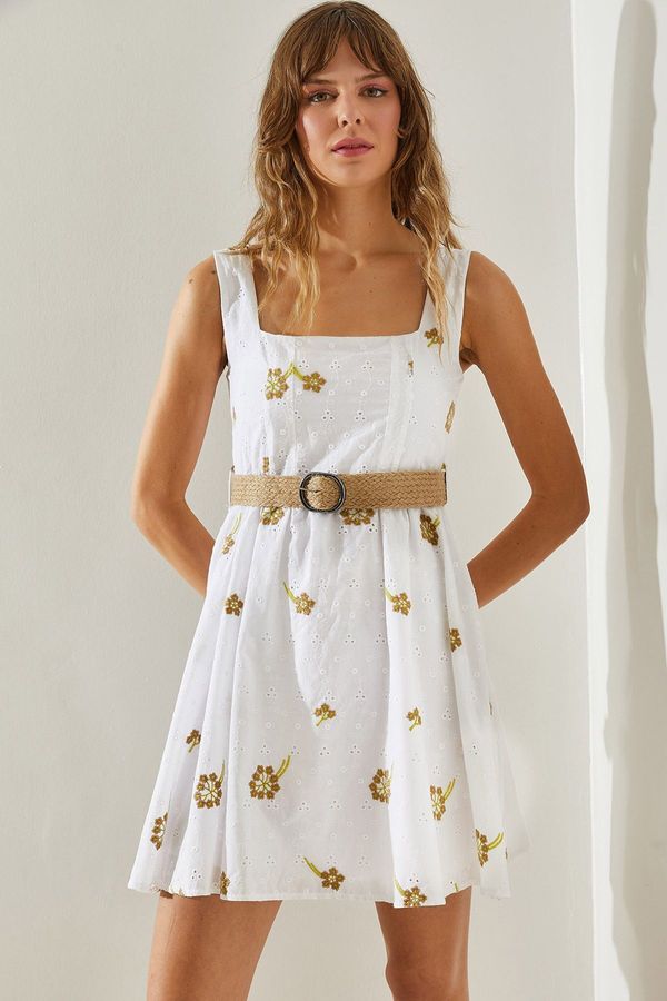 Bianco Lucci Bianco Lucci Women's Thick Strap Laced Floral Patterned Straw Belt Lined 5879 Dress