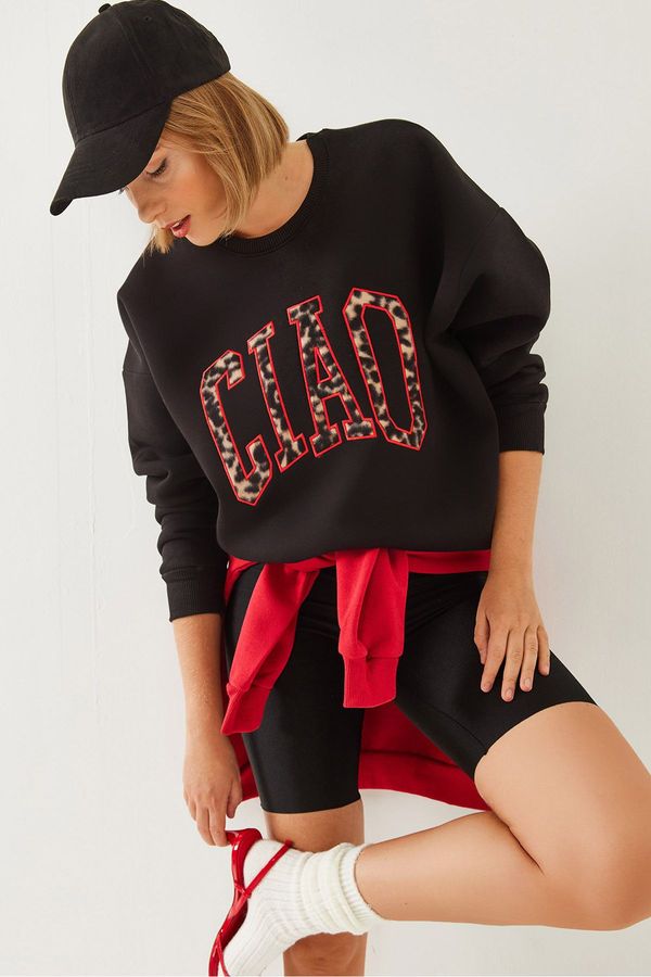 Bianco Lucci Bianco Lucci Women's Triple Thread Raised Leopard Patterned Sweatshirt 6429