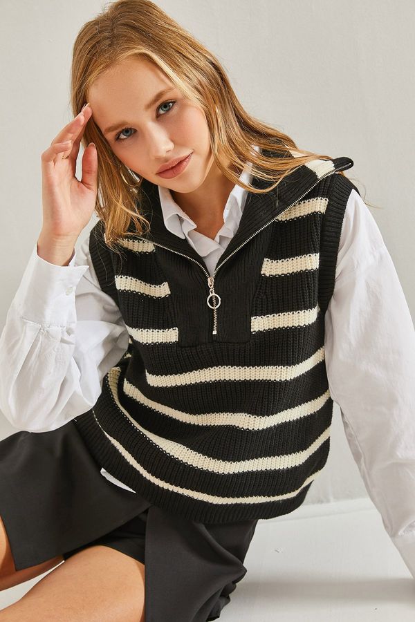 Bianco Lucci Bianco Lucci Women's Turtleneck Zipper Knitwear Striped Sweater