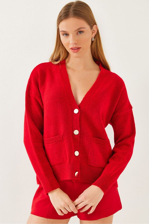 Bianco Lucci Bianco Lucci Women's V-Neck Buttoned Pocket Knitwear Cardigan