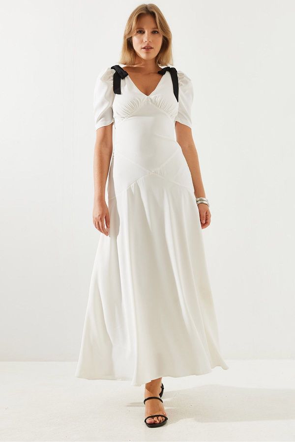 Bianco Lucci Bianco Lucci Women's V Neck Short Sleeve Bow Detail Lined Midi Length Dress