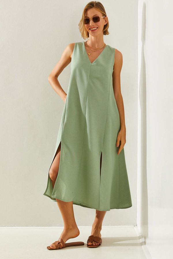 Bianco Lucci Bianco Lucci Women's V-Neck Slit Pocket Basic Linen Fr033 Dress