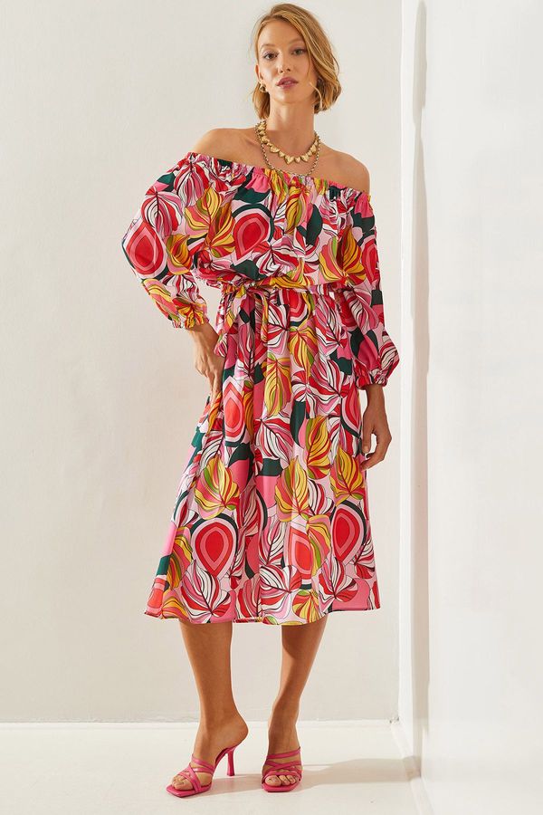 Bianco Lucci Bianco Lucci Women's Waist and Sleeve Elastic Collar Detailed Patterned Belted Dress 22248