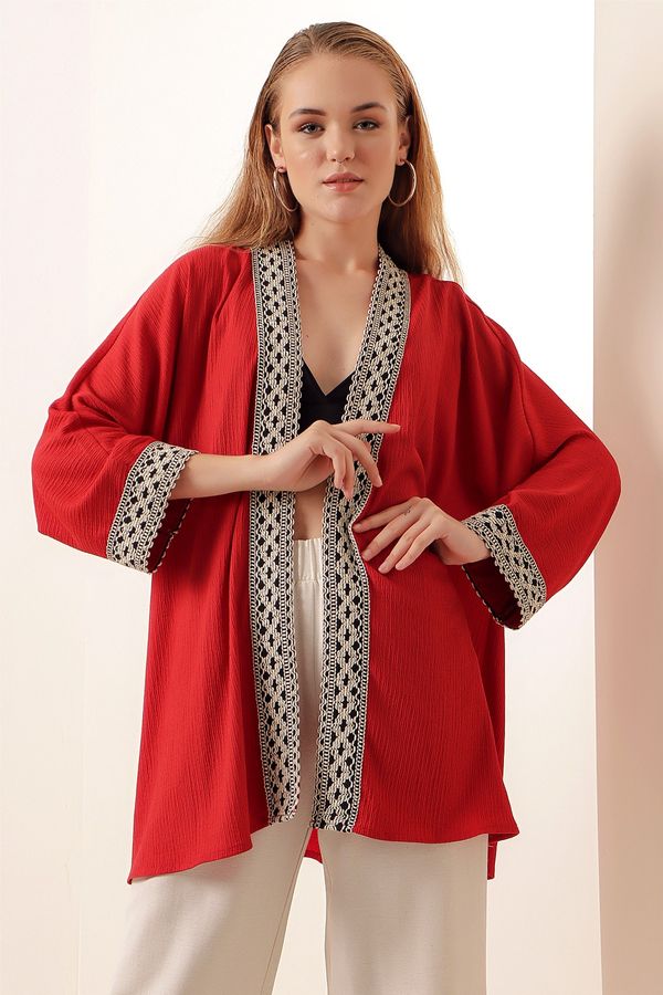 Bigdart Bigdart 05866 Embroidered Knitted Kimono - Red