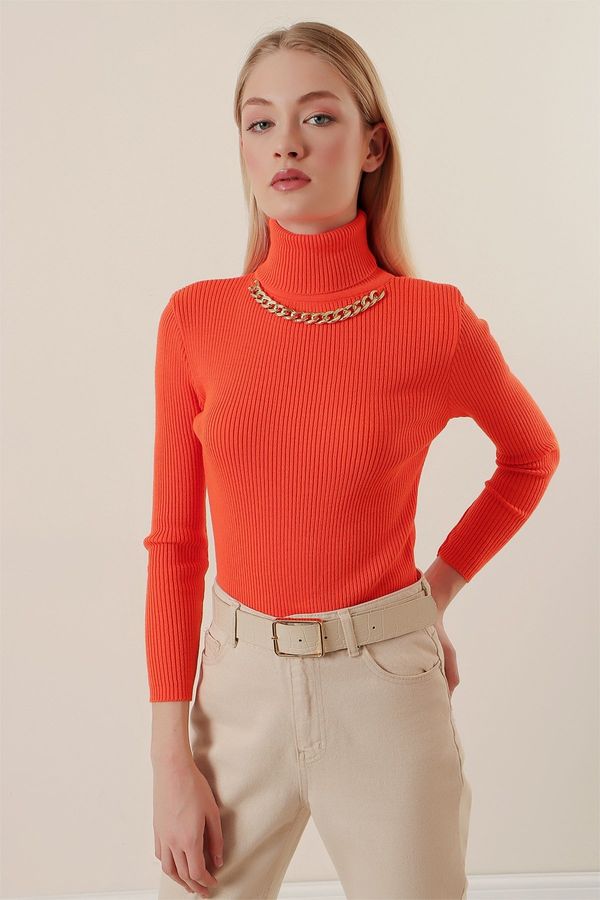 Bigdart Bigdart 15478 Turtleneck Chain Sweater - Orange