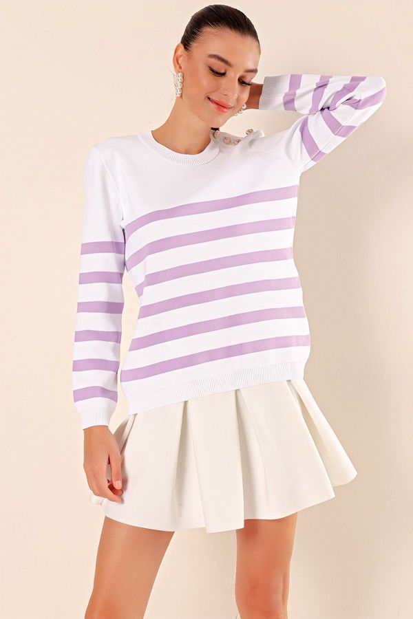 Bigdart Bigdart 15820 Button Detail Striped Sweater - C. Lilac