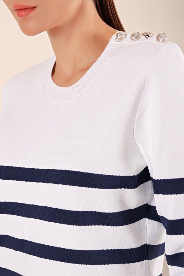 Bigdart Bigdart 15820 Button Detail Striped Sweater - C. Navy Blue