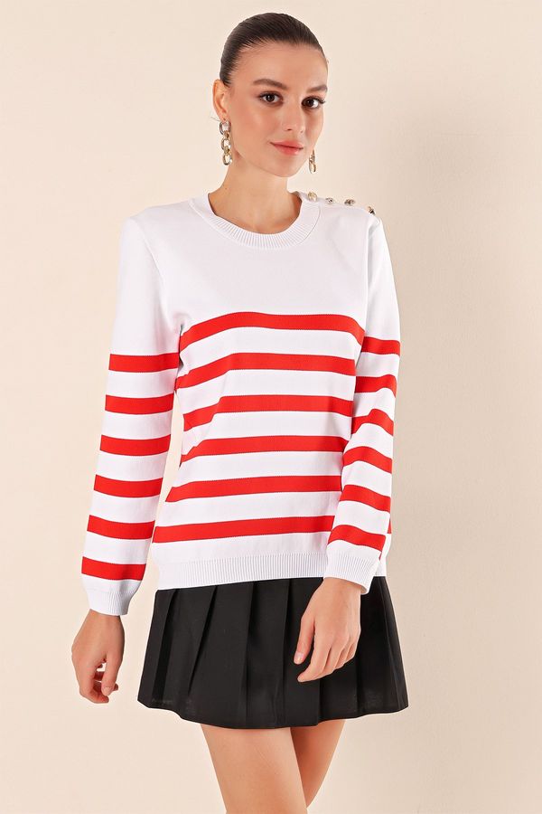 Bigdart Bigdart 15820 Button Detail Striped Sweater - C.red