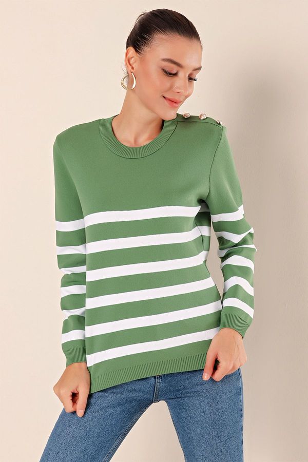 Bigdart Bigdart 15820 Button Detail Striped Sweater - Çağla