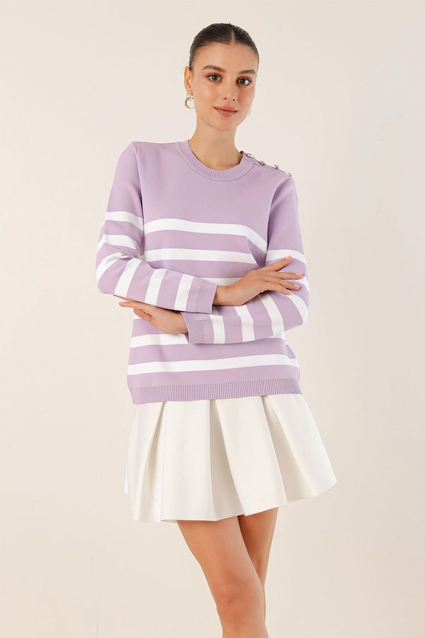 Bigdart Bigdart 15820 Button Detail Striped Sweater - Lilac