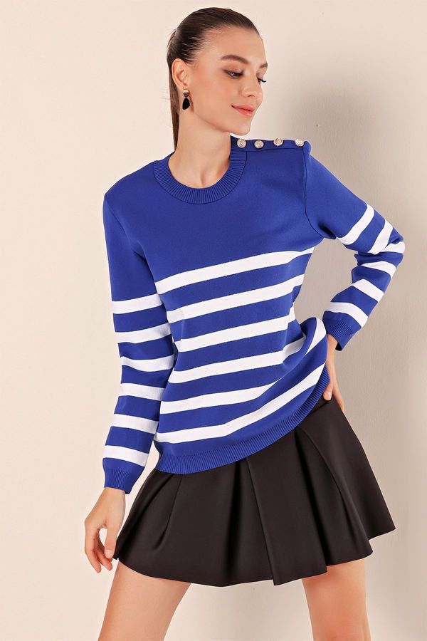 Bigdart Bigdart 15820 Button Detail Striped Sweater - Sax