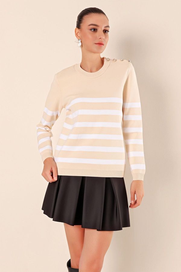 Bigdart Bigdart 15820 Button Detailed Striped Sweater - Beige