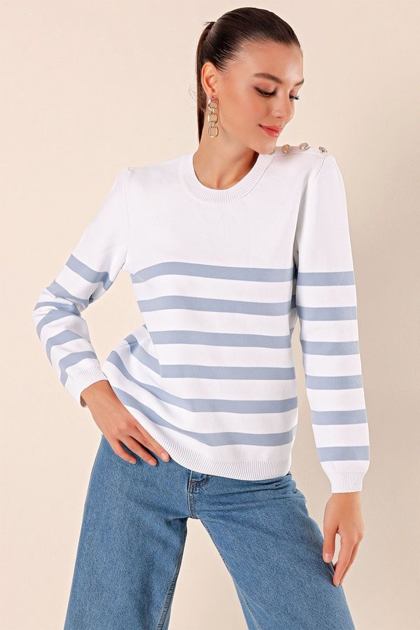 Bigdart Bigdart 15820 Button Detailed Striped Sweater - C. Indigo