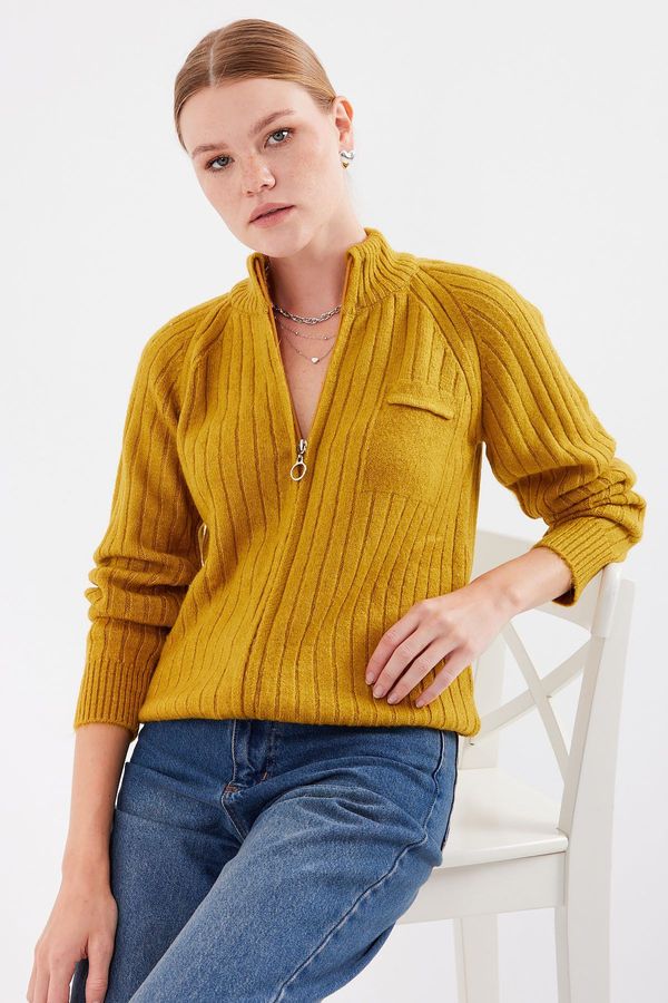 Bigdart Bigdart 15880 Zippered Knitwear Cardigan - Mustard