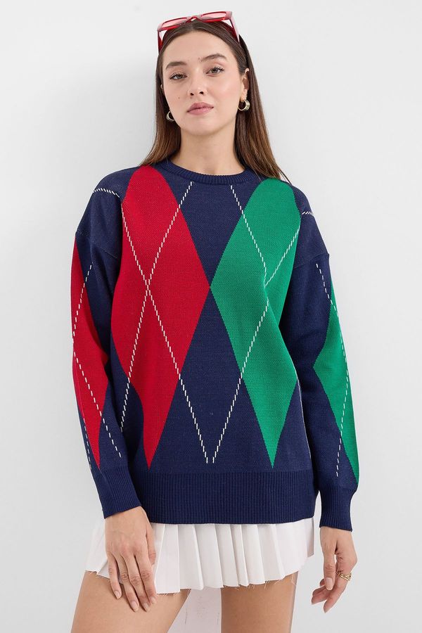 Bigdart Bigdart 15887 Patterned Oversize Knitwear Sweater - Dark Navy Blue