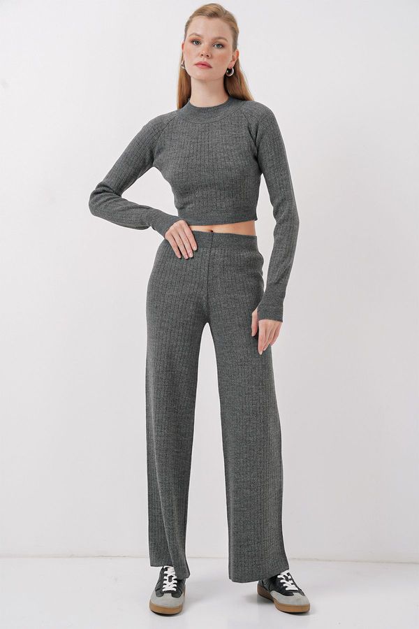 Bigdart Bigdart 15905 Women Crop Sweater Trousers Knitwear Bottom Top Set - Smoke