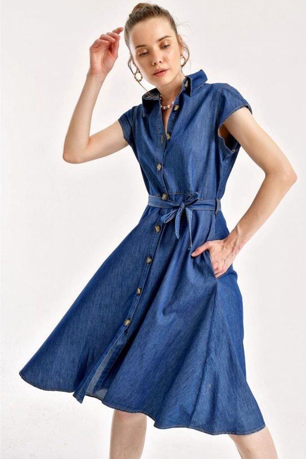 Bigdart Bigdart 1677 Full Length Buttoned Waist Belt Denim Dress - Navy Blue