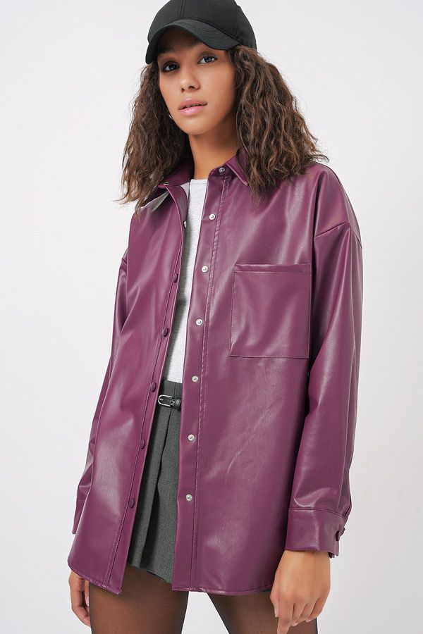Bigdart Bigdart 20134 Oversize Faux Leather Shirt - Plum