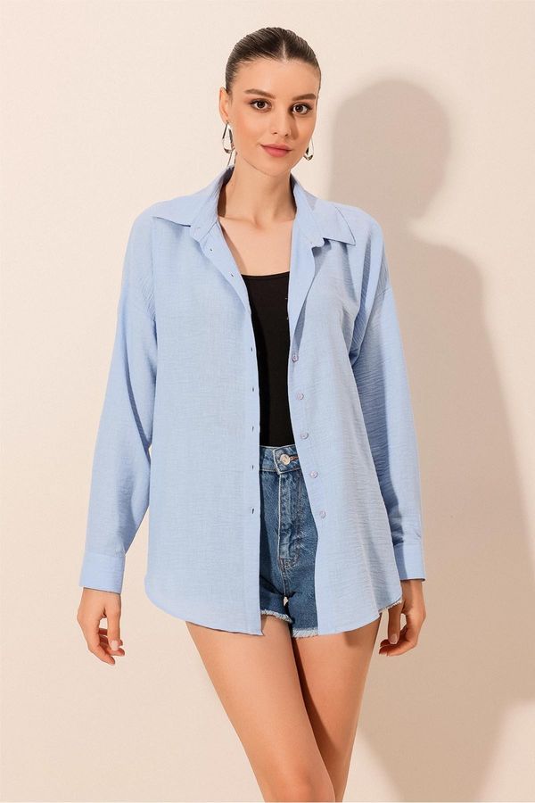 Bigdart Bigdart 20153 Single Pocket Oversize Linen Shirt - Blue