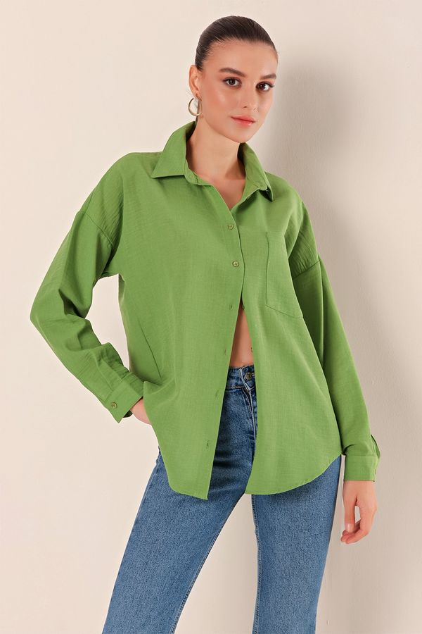 Bigdart Bigdart 20153 Single Pocket Oversize Linen Shirt - E.green