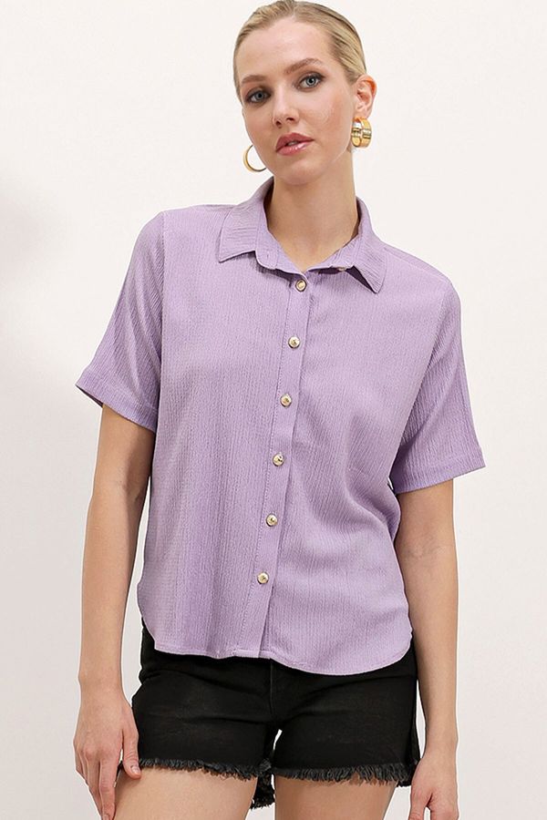 Bigdart Bigdart 20181 Gold Buttoned Knitted Shirt - Lilac