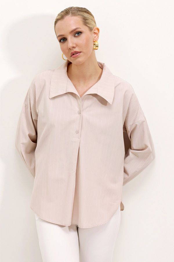 Bigdart Bigdart 20215 Wide-Fit Striped Oversize Shirt - Beige