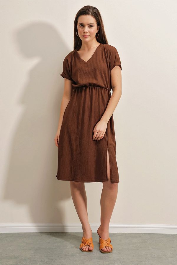 Bigdart Bigdart 2378 V-Neck Knitted Dress with Slits - Brown
