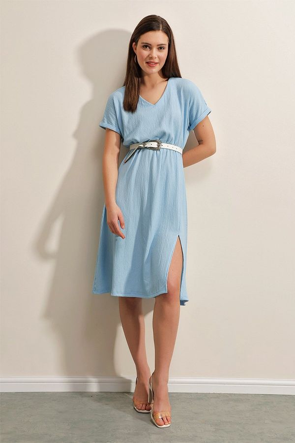 Bigdart Bigdart 2378 V Neck Slit Knitted Dress - Blue
