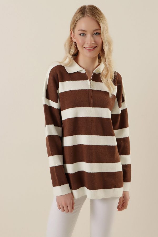 Bigdart Bigdart 4512 Striped Oversize Sweater - Brown