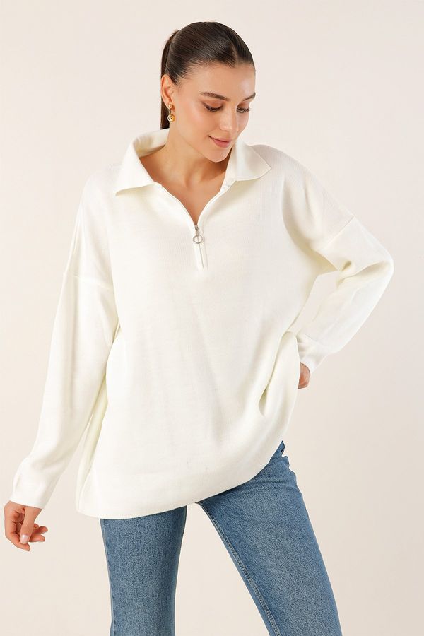 Bigdart Bigdart 4512 Zippered Oversize Sweater - White