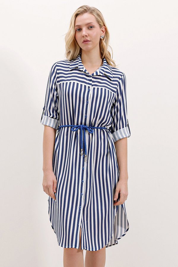 Bigdart Bigdart 5629 Striped Belted Dress - Blue