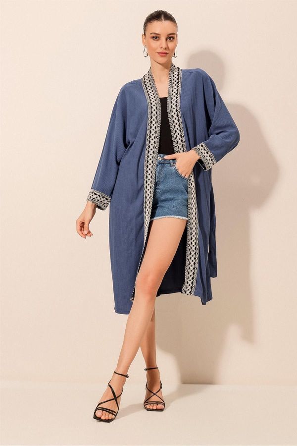 Bigdart Bigdart 5865 Embroidered Knitted Long Kimono - Indigo