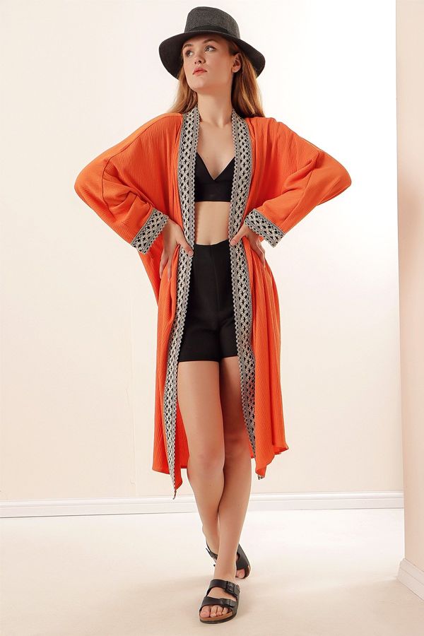 Bigdart Bigdart 5865 Knitted Long Kimono with Embroidery - Orange