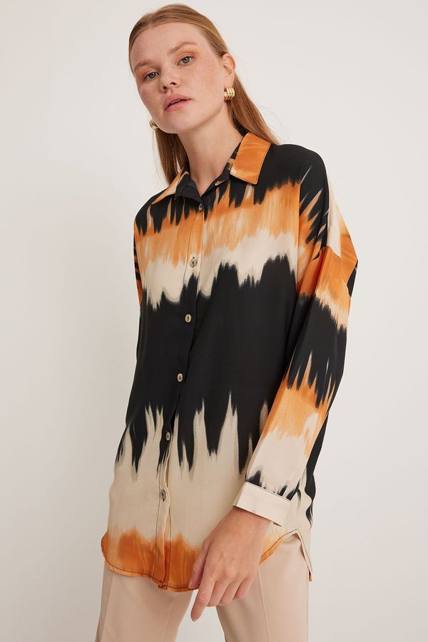 Bigdart Bigdart Women&#39;s Orange Black Patterned Oversize Shirt 5923