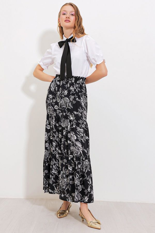 Bigdart Bigdart Women's Black Patterned Long Viscose Skirt 1898