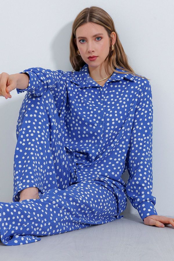 Bigdart Bigdart Women's Polka Dot Indigo Ecru Knitted Double Suit 5858