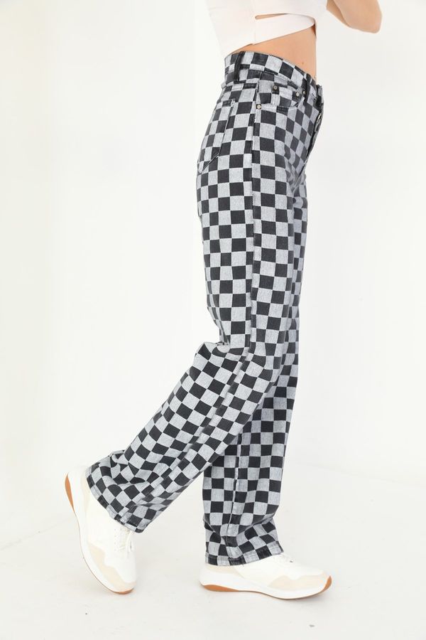 BİKELİFE BİKELİFE Black Checkerboard Patterned High Waist Wide Leg Jeans