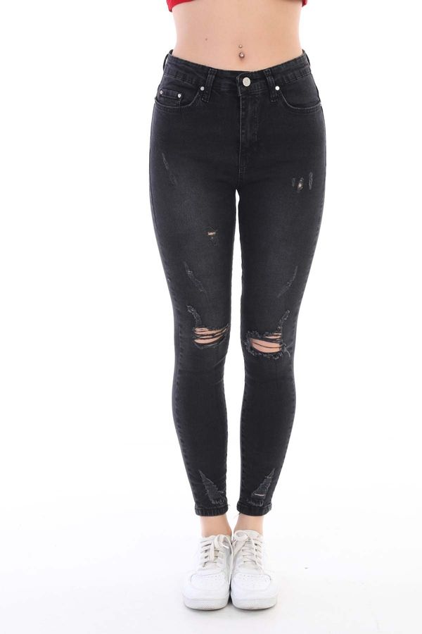 BİKELİFE BİKELİFE Black Laser Patterned High Waist Lycra Denim Trousers