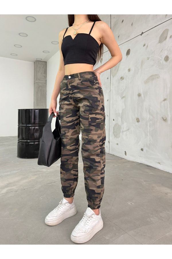 BİKELİFE BİKELİFE Khaki Camouflage Pattern Cargo Pocket Gabardine Trousers.