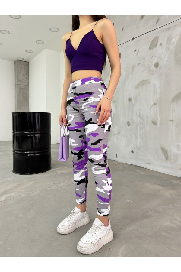 BİKELİFE BİKELİFE Lilac Camouflage Pattern Gabardine Leggings Trousers