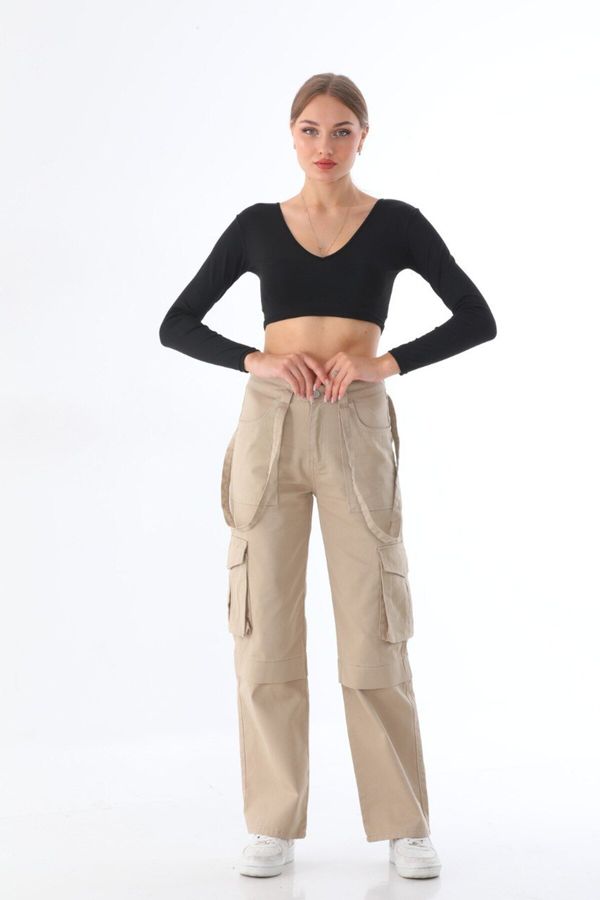 BİKELİFE BİKELİFE Women's Beige High Waist Multi-Pocket Strap Detail Straight Fit Cargo Pants