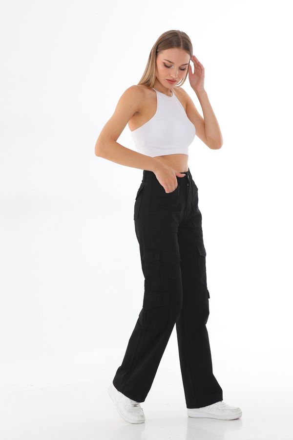 BİKELİFE BİKELİFE Women's Black High Waist Multi-Pocket Straight Fit Cargo Pants