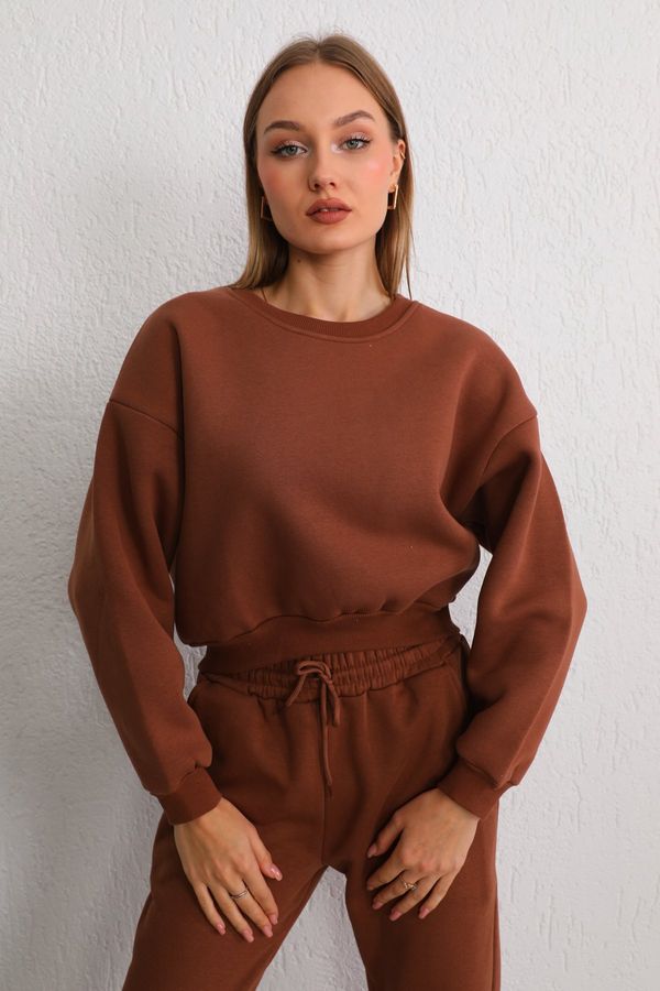BİKELİFE BİKELİFE Women's Brown Oversize Crop Sweatshirt