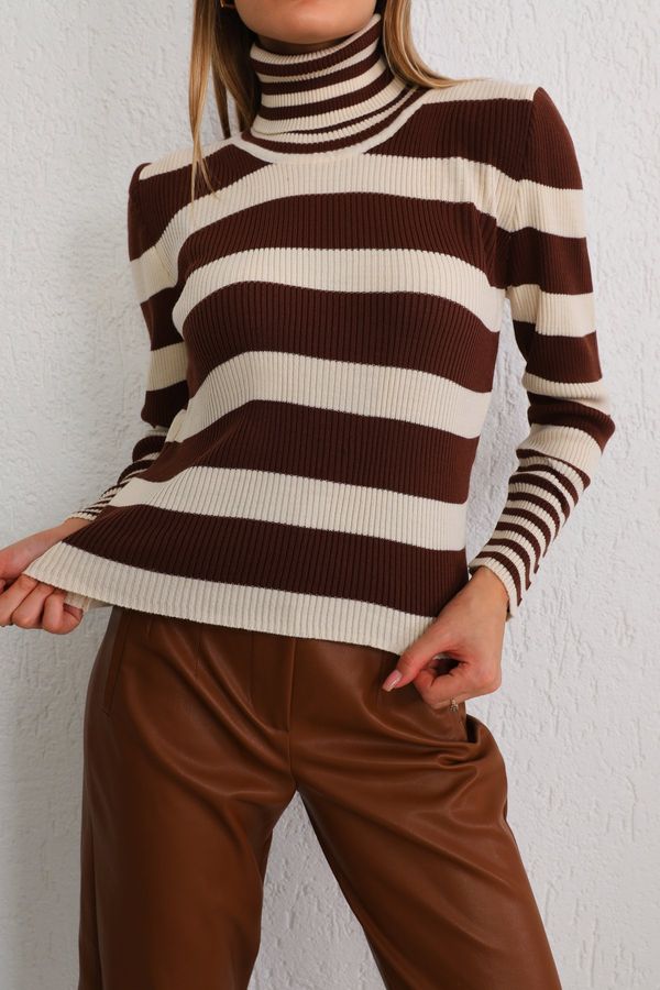 BİKELİFE BİKELİFE Women's Brown Striped Soft Textured Lycra Basic Knitwear Sweater