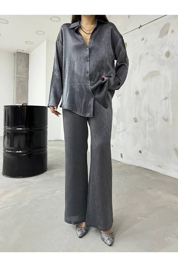BİKELİFE BİKELİFE Women's Gray Satin Shirt Pants Suit